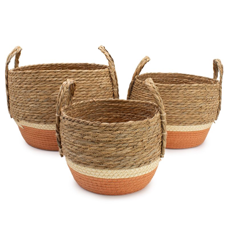 Stora Korgar i Halm & Sjögräs - Naturlig & Orange - Set om 3