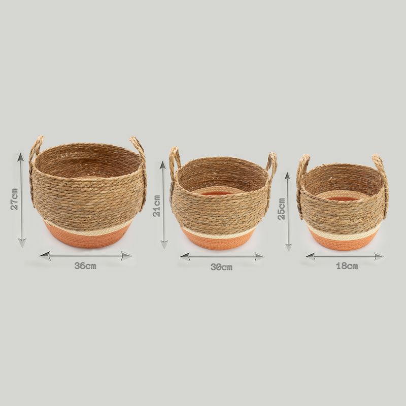 Stora Korgar i Halm & Sjögräs - Naturlig & Orange - Set om 3