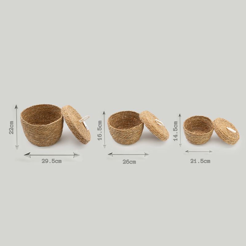 Runda Korgar med Lock i Sjögräs & Bomull – Naturlig Färg - Set om 3