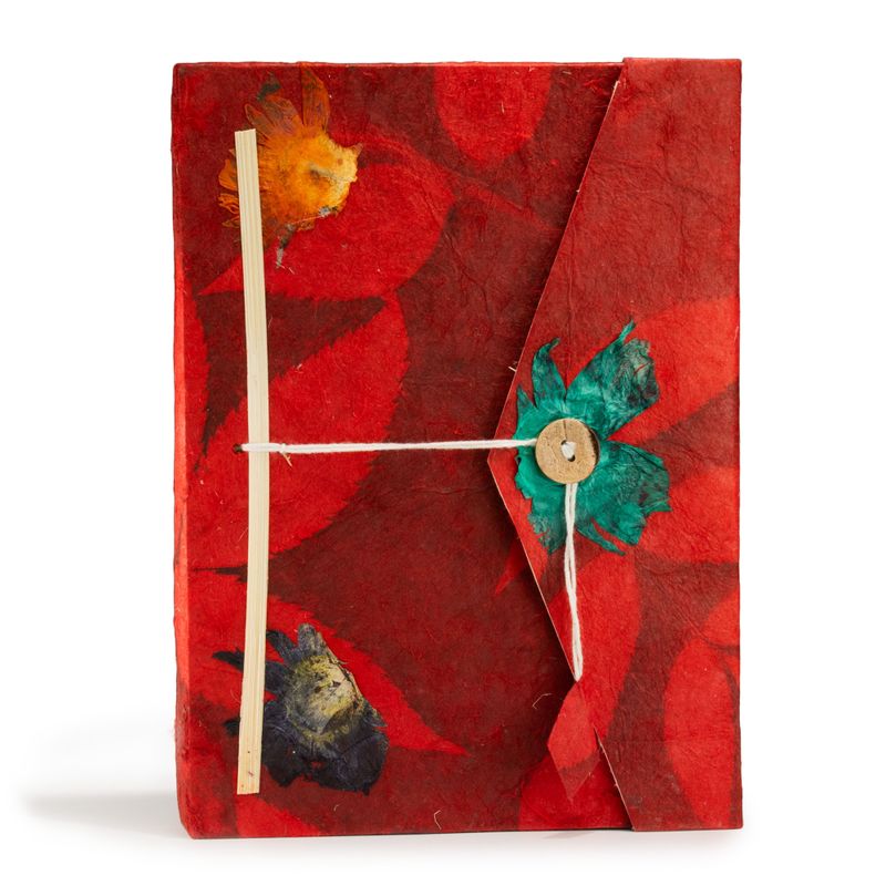 Stor Lokta Anteckningsbok - Stora Blommönster (21x15cm) - 45 blad - inkl. bokmärke - Rubinröd