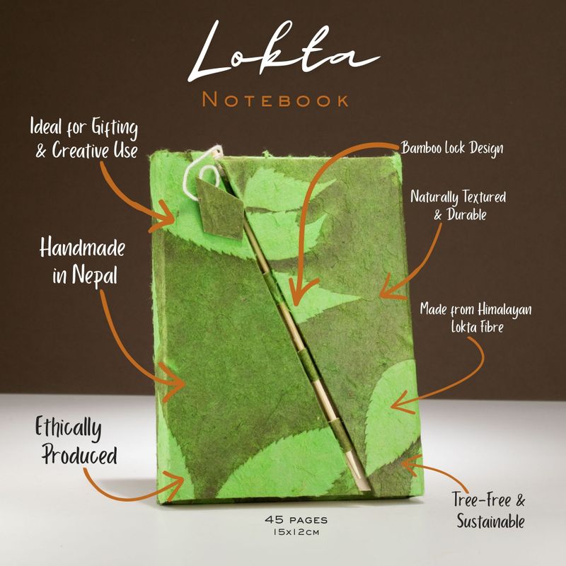 Mellan Lokta Anteckningsbok med Bambulås - Stora Blommönster (15x12cm) - 45 blad - Mossgrön