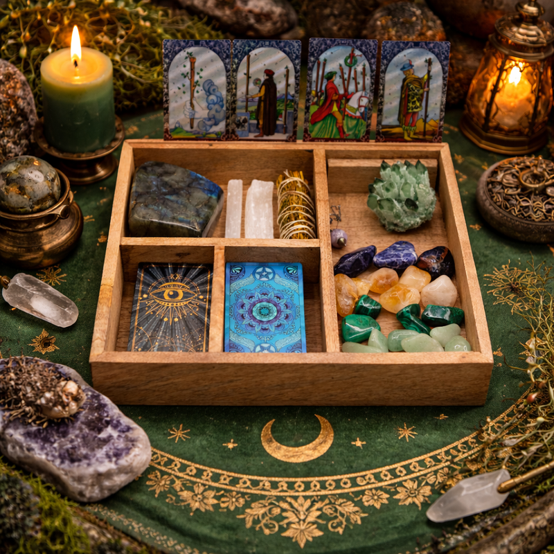 Tarotbox med Fyra Fack och Korthållare - Mörk
