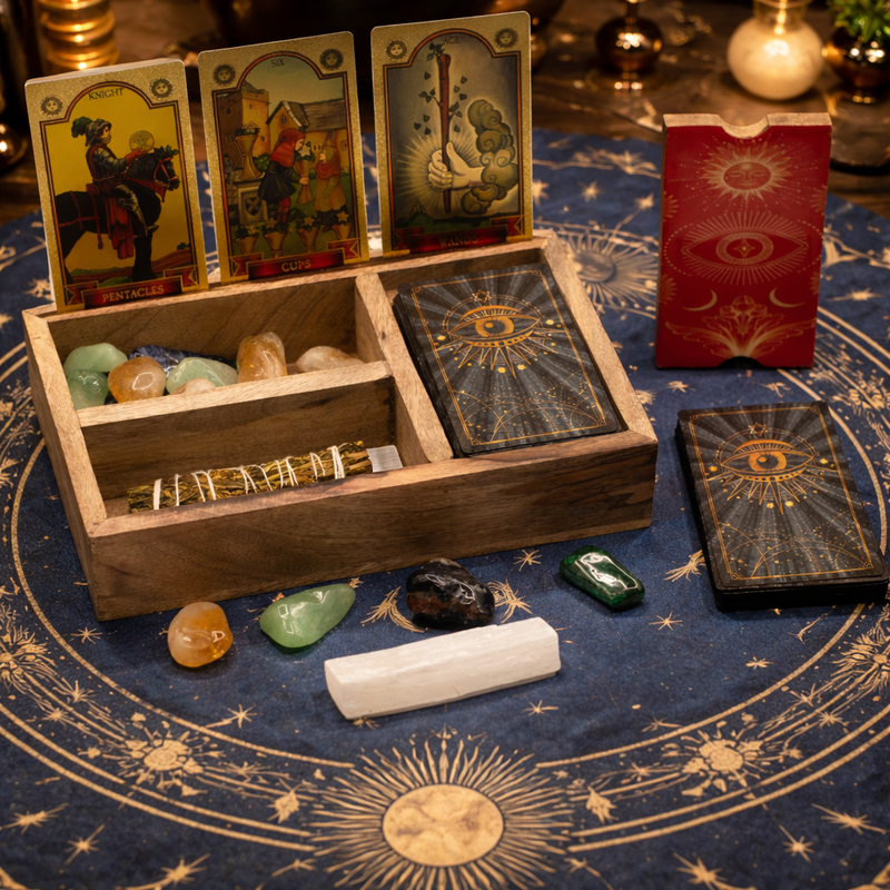 Tarotbox med Tre Fack och Korthållare