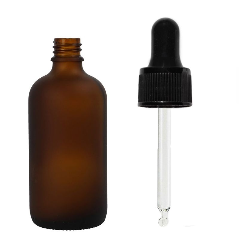 50 ml frostat amberfärgat glas dropperflaska med svart pipett