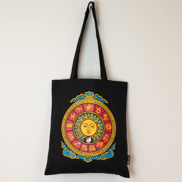 Ikonisk Klassisk Tygkasse - Zodiac Sun - Svart 6oz (40x36cm)
