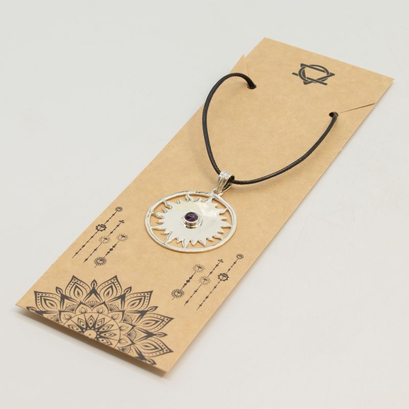 Indiskt Symbolhänge - Silverpläterat (45cm snöre) - Sun Worship - Ametist