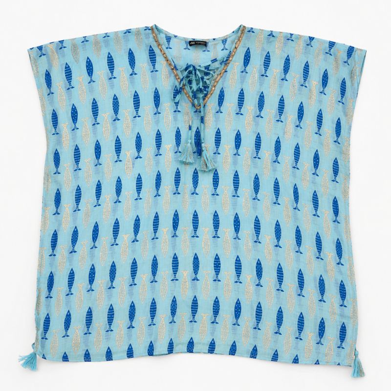 Nomad Sari i Med-kollektionen - Kaftan - Turkos och Blått djärvt fiskmönster