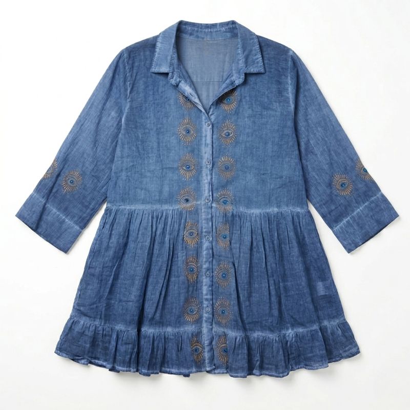 (M-L) Nomad Sari On the Med Collection -tunikklänning - mörkblå med onda ögat blocktryck