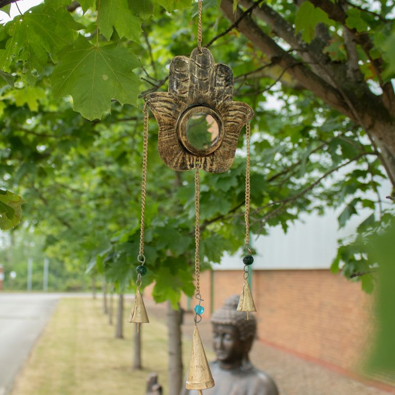 Indiska Vindklockor - Hamsa Liten Spegel 3 Bjällror - 14x55 cm