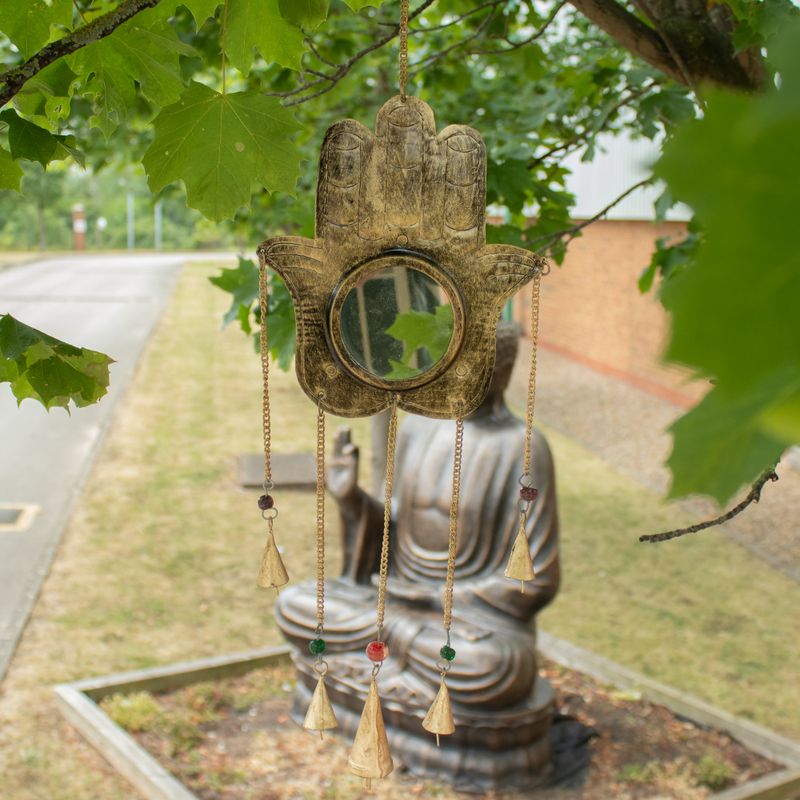Indiska vindklockor - Hamsa stor spegel 5 bjällror - 19x65 cm