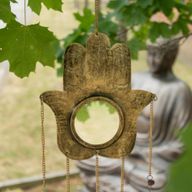 Indiska vindklockor - Hamsa stor spegel 5 bjällror - 19x65 cm