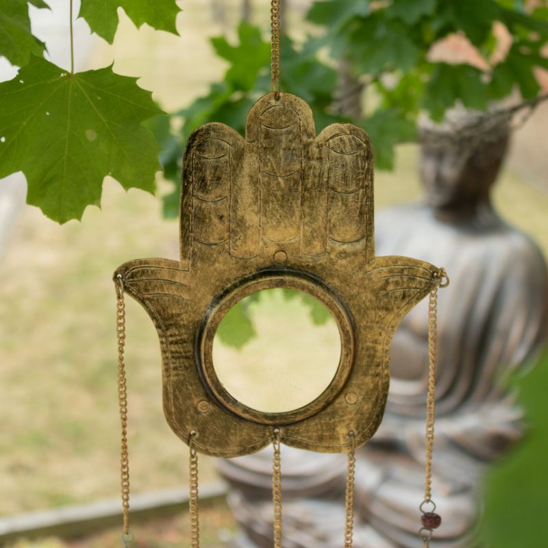 Indiska vindklockor - Hamsa stor spegel 5 bjällror - 19x65 cm
