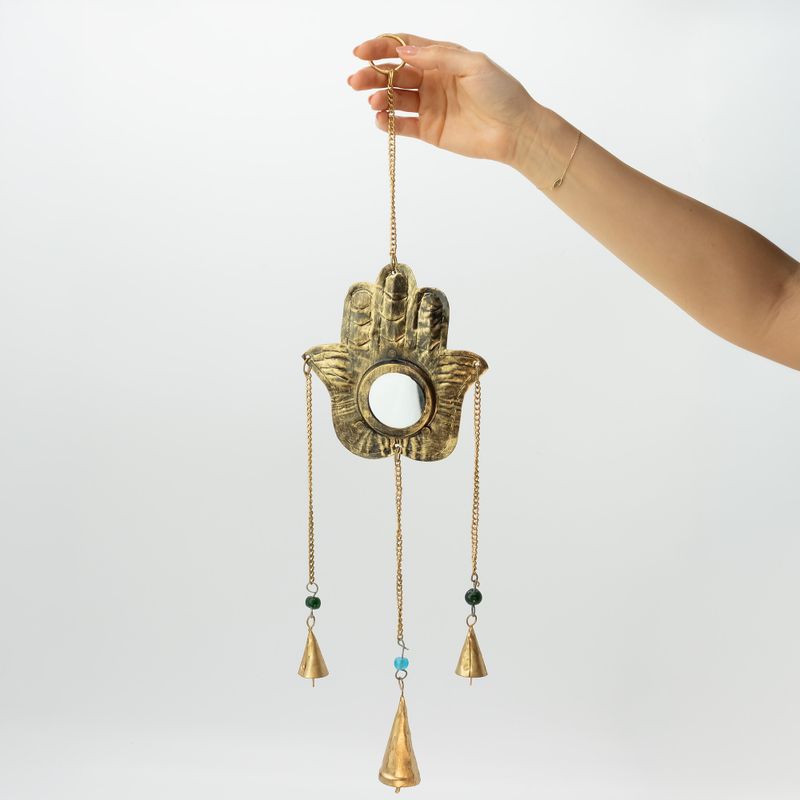 Indiska Vindklockor - Hamsa Liten Spegel 3 Bjällror - 14x55 cm