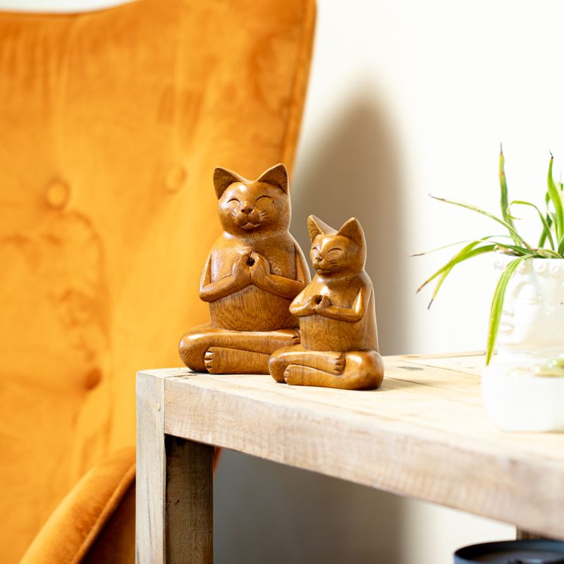 Träsnidade rökelsebrännare - Stor Yoga-katt