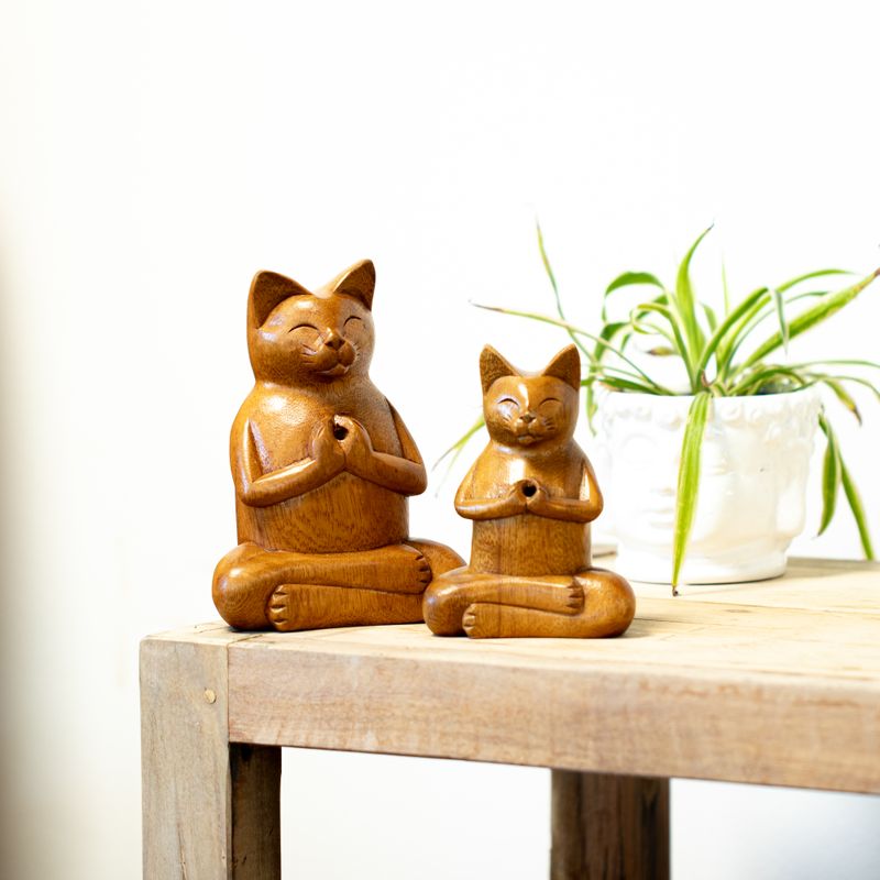 Träsnidade rökelsebrännare - Stor Yoga-katt