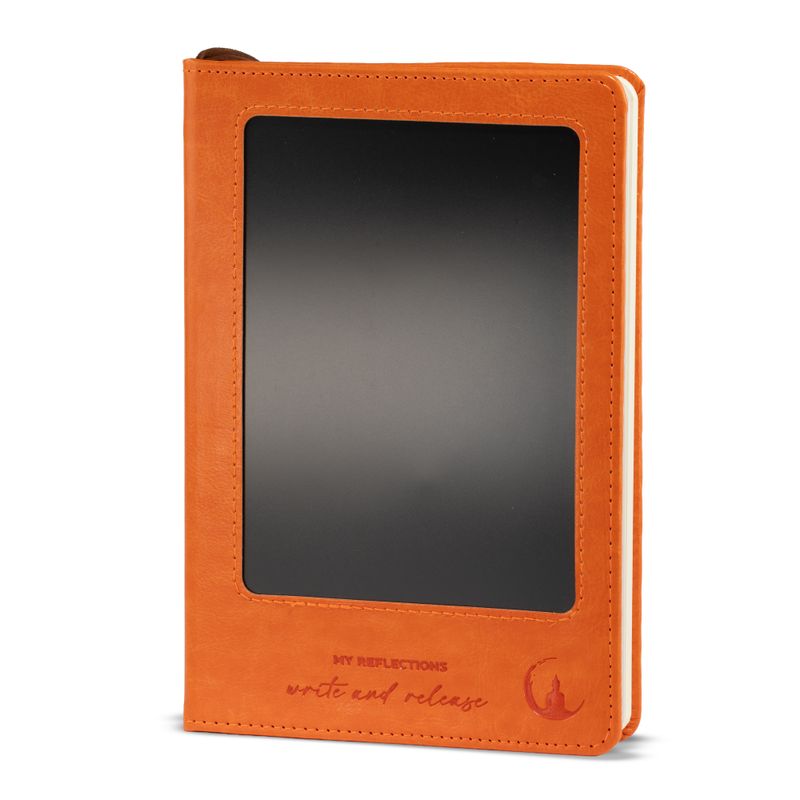 Avsiktsanteckningsbok - LCD rengöringsduk för skärm - orange läderimitation - mässingsblad - 80 blad