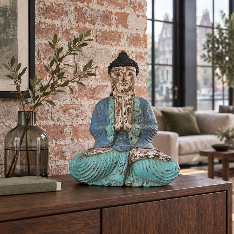 Vintage blå mint handhuggen Buddha-statyn - 40 cm - Välkommen