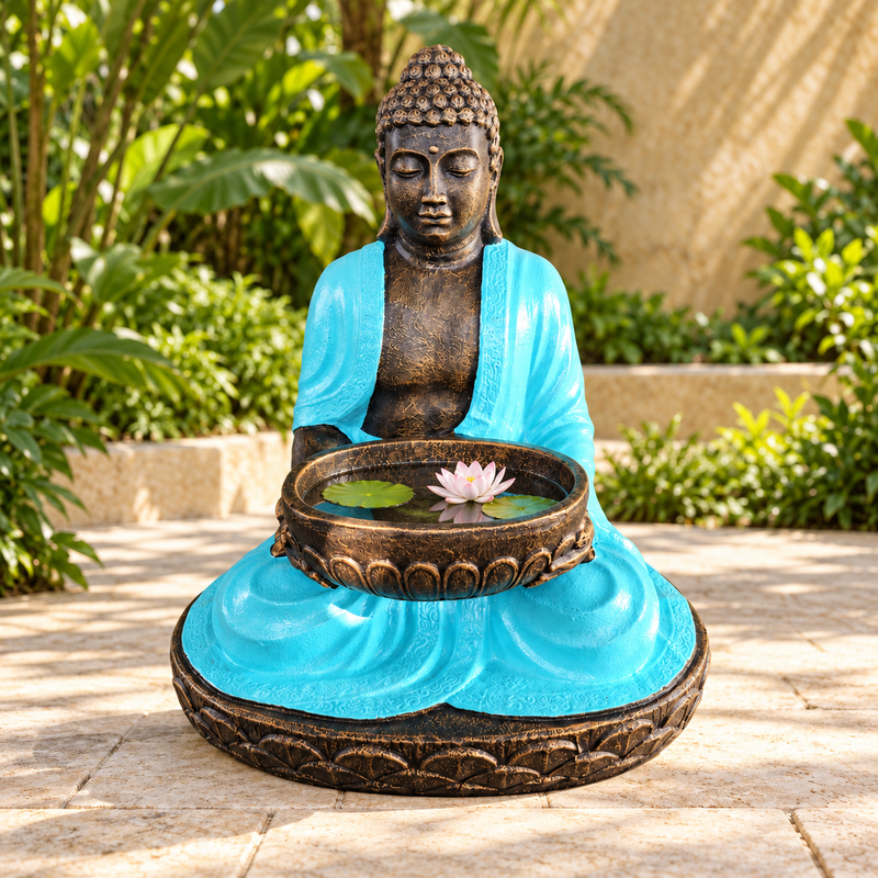 Stor sittande Buddha med skål i turkos och sten 80 cm