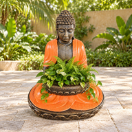 Stor sittande Buddha i terrakotta och sten med skål 80 cm