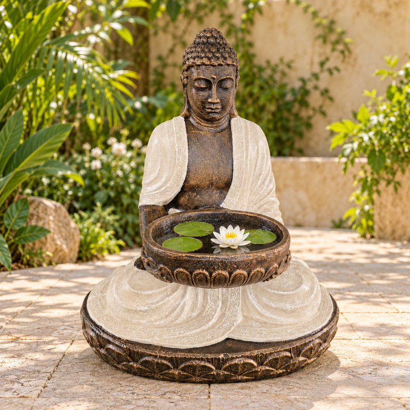 Stor Sittande Buddha i Sand & Sten med Skål 80cm