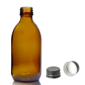 54x 250ml Bärnstensfärgad Medicinflaska med Svart Aluminiumlock