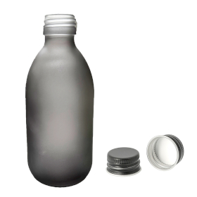 36x 300ml Medicinflaska i Grå Frostat Glas med Svart Aluminiumlock