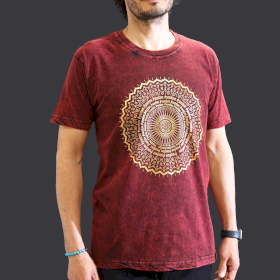 Stentvättad T-shirt (M) - Mandala - Vinröd