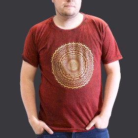 Stentvättad T-shirt (XL) - Mandala - Vinröd
