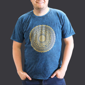 Stentvättad T-shirt (XL) - Mandala - Blå