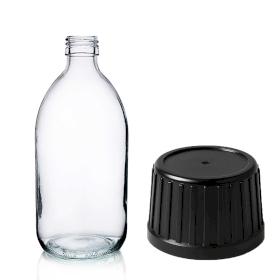 40x 300ml Medicinflaska i Klart Glas med Svart Manipuleringssäkert Lock