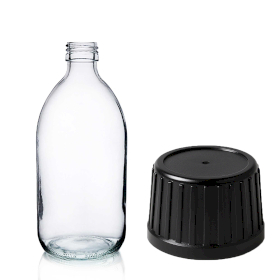 36x 200ml Medicinflaska i Klart Glas med Svart Manipuleringssäkert Lock