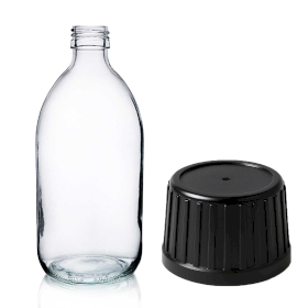 30x 500ml Medicinflaska i Klart Glas med Svart Manipuleringssäkert Lock