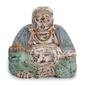 Vintage Handsnidad Buddhastaty i Blå & Mintgrön - 30cm - Glad Buddha